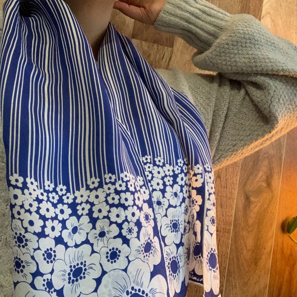 Vintage Burmel Scarf, Blue & White Flower Pattern With Stripes